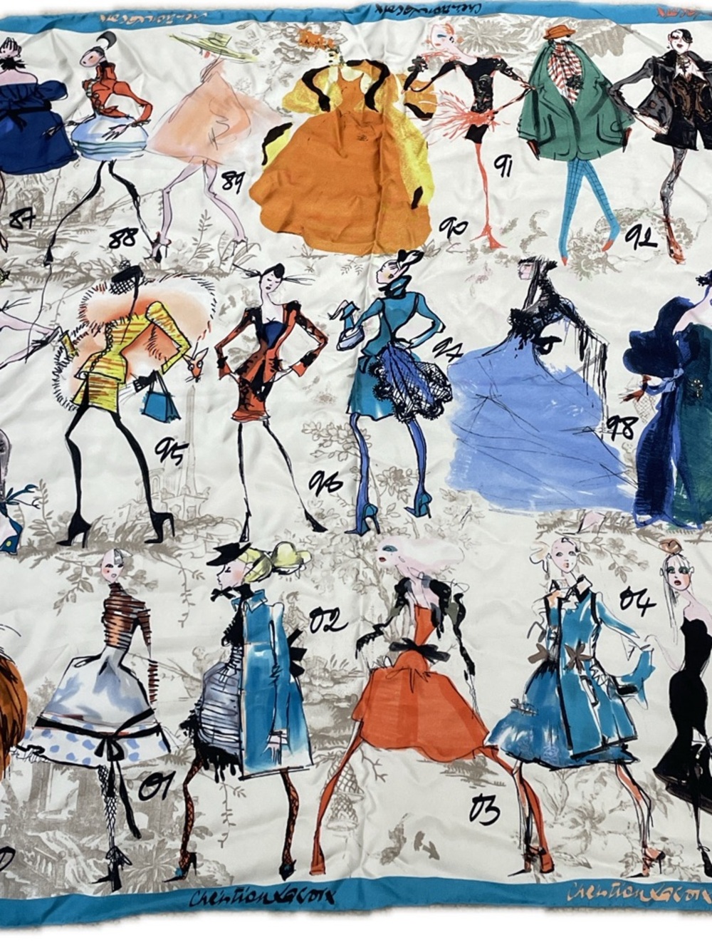 Christian Lacroix Turquoise Border Silk Scarf with Multicolor Illustration